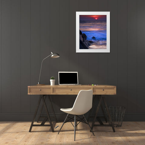 New Jersey, Cape May Sunset reflection on ocean White Modern Wood Framed Art Print by OBrien, Jay