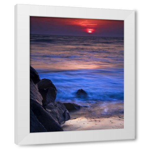 New Jersey, Cape May Sunset reflection on ocean White Modern Wood Framed Art Print by OBrien, Jay