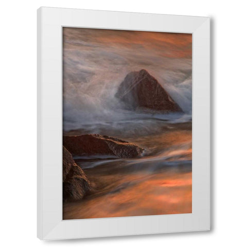 NJ, Cape May Wave crashes on shoreline rocks White Modern Wood Framed Art Print by OBrien, Jay
