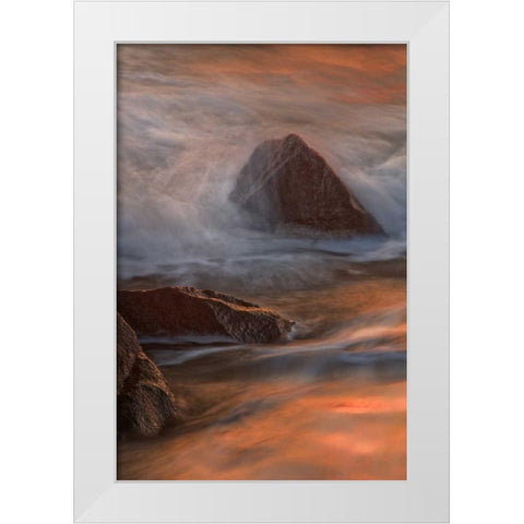 NJ, Cape May Wave crashes on shoreline rocks White Modern Wood Framed Art Print by OBrien, Jay