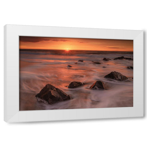 USA-New Jersey-Cape May National Seashore-Sunrise on rocky shore and ocean White Modern Wood Framed Art Print by Jaynes Gallery
