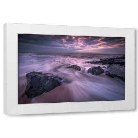 USA-New Jersey-Cape May National Seashore-Sunrise on rocky shore and ocean White Modern Wood Framed Art Print by Jaynes Gallery