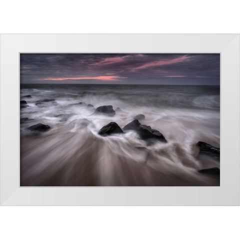 USA-New Jersey-Cape May National Seashore-Sunrise on rocky shore and ocean White Modern Wood Framed Art Print by Jaynes Gallery