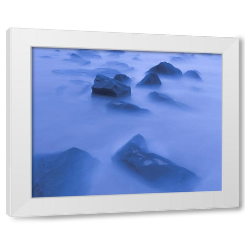 USA-New Jersey-Cape May National Seashore Sunrise mist on rocky shore White Modern Wood Framed Art Print by Jaynes Gallery