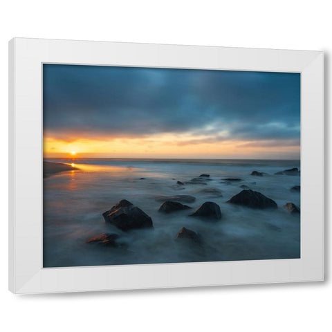 USA-New Jersey-Cape May National Seashore Sunrise on rocky shoreline White Modern Wood Framed Art Print by Jaynes Gallery