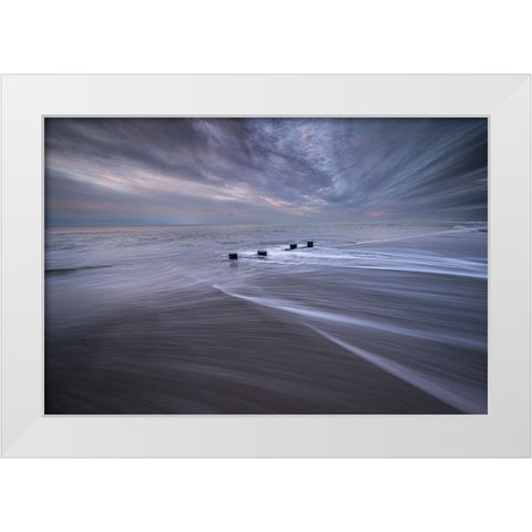 USA-New Jersey-Cape May National Seashore Pier stumps on shore at sunrise White Modern Wood Framed Art Print by Jaynes Gallery