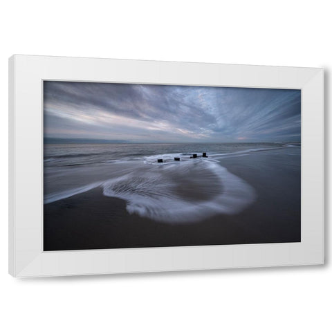 USA-New Jersey-Cape May National Seashore Pier stumps on cloudy seashore sunrise White Modern Wood Framed Art Print by Jaynes Gallery