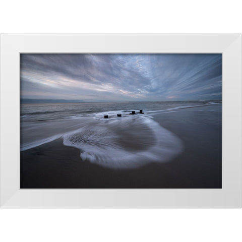 USA-New Jersey-Cape May National Seashore Pier stumps on cloudy seashore sunrise White Modern Wood Framed Art Print by Jaynes Gallery