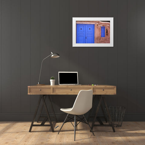 New Mexico, Santa Fe Blue door and window White Modern Wood Framed Art Print by OBrien, Jay