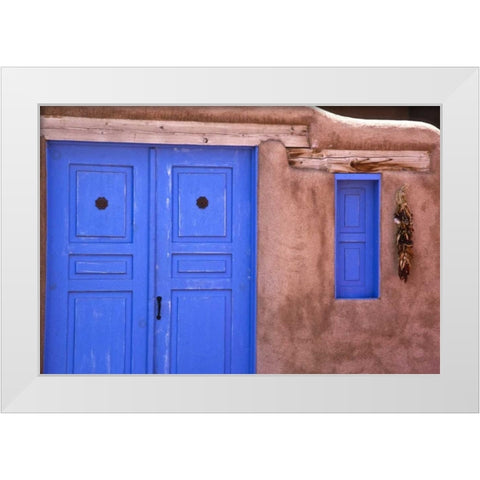 New Mexico, Santa Fe Blue door and window White Modern Wood Framed Art Print by OBrien, Jay