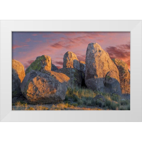 New Mexico, City of Rocks SP Sunset on boulders White Modern Wood Framed Art Print by Paulson, Don