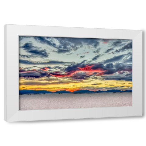 USA- New Mexico- White Sands National Park. Sunset over desert and San Andres Mountains. White Modern Wood Framed Art Print by Jaynes Gallery