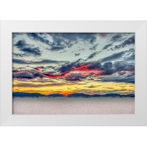 USA- New Mexico- White Sands National Park. Sunset over desert and San Andres Mountains. White Modern Wood Framed Art Print by Jaynes Gallery