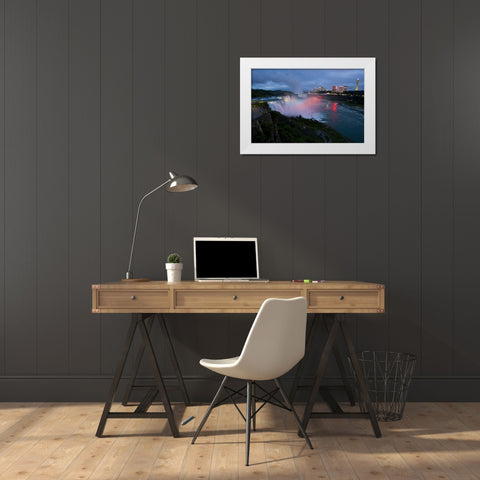NY, Niagara Falls light show at night White Modern Wood Framed Art Print by Lord, Fred