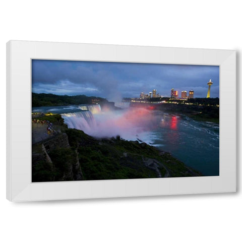 NY, Niagara Falls light show at night White Modern Wood Framed Art Print by Lord, Fred