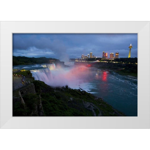 NY, Niagara Falls light show at night White Modern Wood Framed Art Print by Lord, Fred