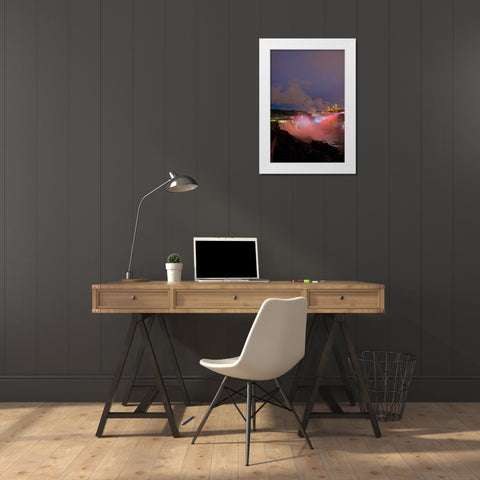 NY, Niagara Falls Waterfalls and mist at dusk White Modern Wood Framed Art Print by Lord, Fred