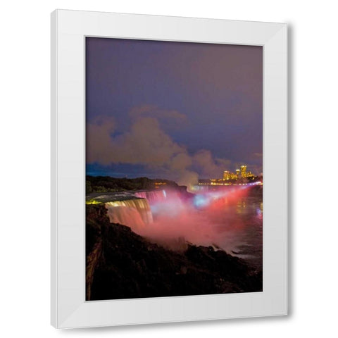 NY, Niagara Falls Waterfalls and mist at dusk White Modern Wood Framed Art Print by Lord, Fred