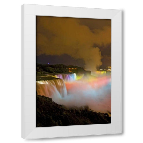 NY, Niagara Falls Waterfalls and mist at night White Modern Wood Framed Art Print by Lord, Fred