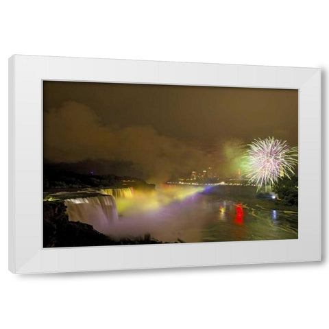 NY, Niagara Falls Fireworks over the waterfalls White Modern Wood Framed Art Print by Lord, Fred
