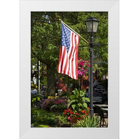NY, Lewiston American flag attached to lamp post White Modern Wood Framed Art Print by Lord, Fred
