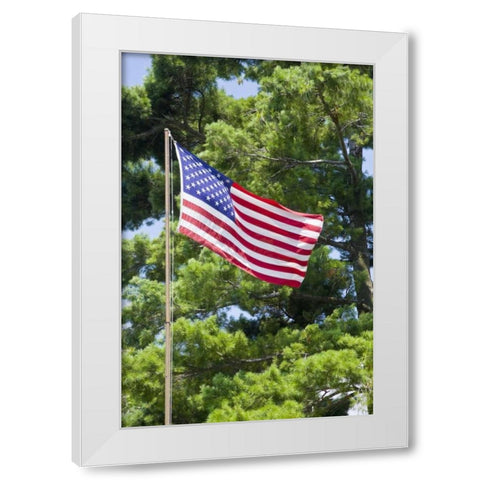NY, St Lawrence River American flag on flagpole White Modern Wood Framed Art Print by Lord, Fred