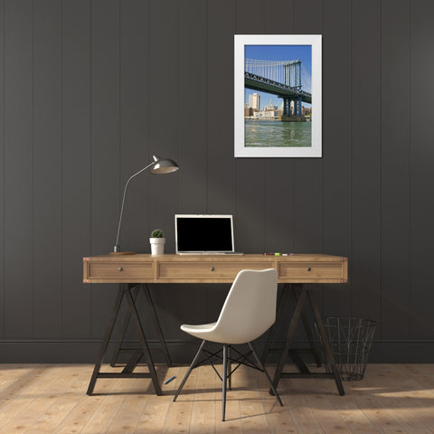 NY, New York City Manhattan Bridge and Manhattan White Modern Wood Framed Art Print by Lord, Fred