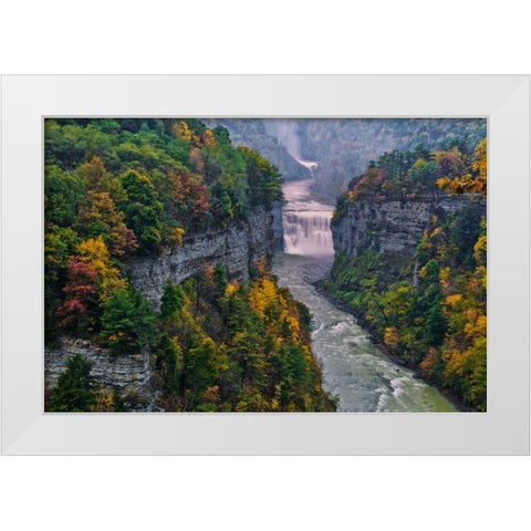 NY, Letchworth SP River and waterfall in canyon White Modern Wood Framed Art Print by OBrien, Jay