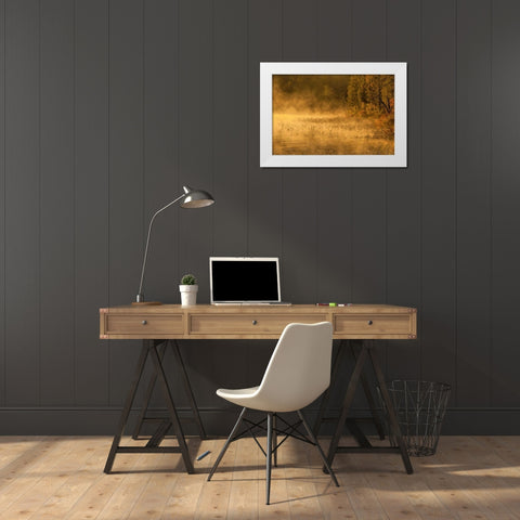 New York, Adirondack Mts Mist on Raquette Lake White Modern Wood Framed Art Print by OBrien, Jay