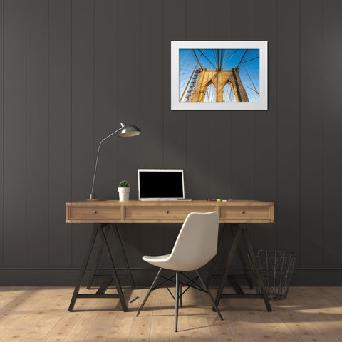 Manhattan-New York-USA Cables and tower on the Brooklyn Bridge White Modern Wood Framed Art Print by Wilson, Emily M.