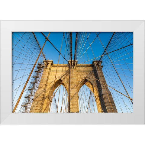 Manhattan-New York-USA Cables and tower on the Brooklyn Bridge White Modern Wood Framed Art Print by Wilson, Emily M.