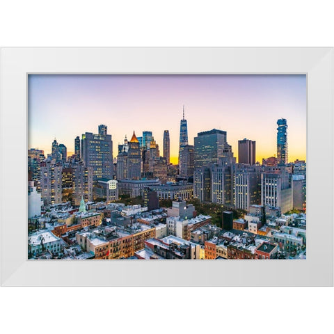 Manhattan-New York-USA Lights in the windows of skyscrapers at sunset White Modern Wood Framed Art Print by Wilson, Emily M.