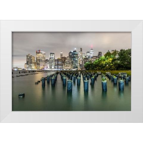 USA-New York Downtown view from Pier 1-wooden pilings in front of river in Brooklyn Heights White Modern Wood Framed Art Print by Looney, Hollice