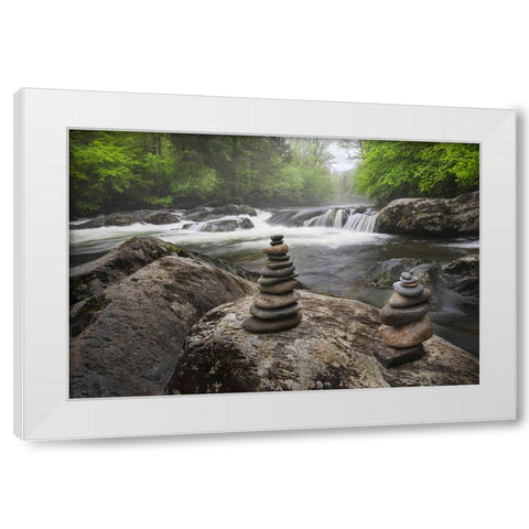 Cascading mountain stream and rock cairns-Great Smoky Mountains National Park White Modern Wood Framed Art Print by Jones, Adam