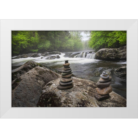 Cascading mountain stream and rock cairns-Great Smoky Mountains National Park White Modern Wood Framed Art Print by Jones, Adam