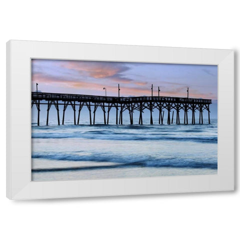 USA, North Carolina Sunrise at Sunset Beach pier White Modern Wood Framed Art Print by Flaherty, Dennis