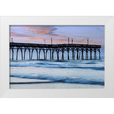 USA, North Carolina Sunrise at Sunset Beach pier White Modern Wood Framed Art Print by Flaherty, Dennis