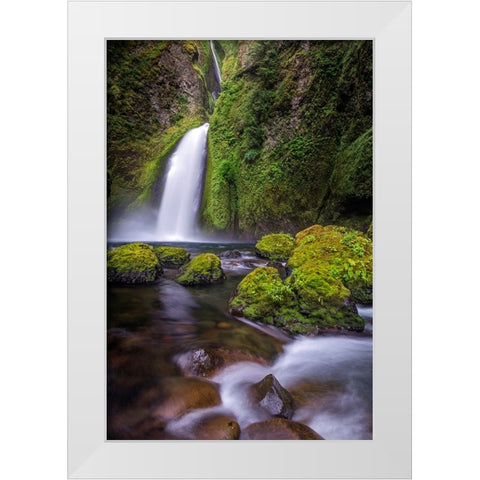 Wahclella Falls along Tanner Creek-Columbia River Gorge-Oregon White Modern Wood Framed Art Print by Jones, Adam