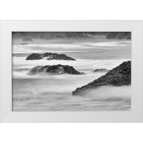 Waves crashing on rocks-Bandon Beach-Oregon White Modern Wood Framed Art Print by Jones, Adam