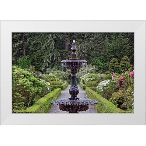 Fountain and in rhododendron garden-Shore Acres State Park-Coos Bay-Oregon White Modern Wood Framed Art Print by Jones, Adam