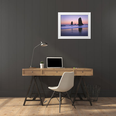 OR, Cannon Beach, Moonset between The Needles White Modern Wood Framed Art Print by Terrill, Steve