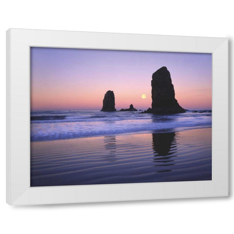 OR, Cannon Beach, Moonset between The Needles White Modern Wood Framed Art Print by Terrill, Steve