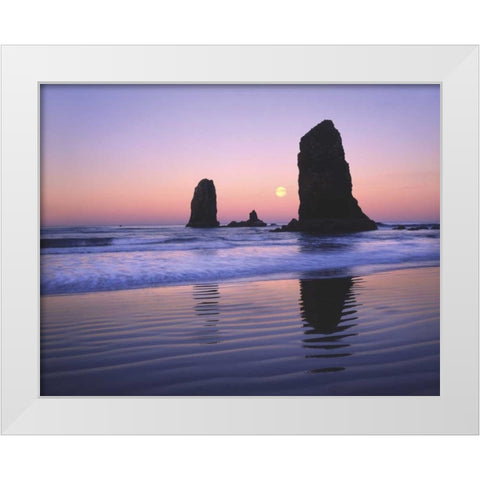 OR, Cannon Beach, Moonset between The Needles White Modern Wood Framed Art Print by Terrill, Steve
