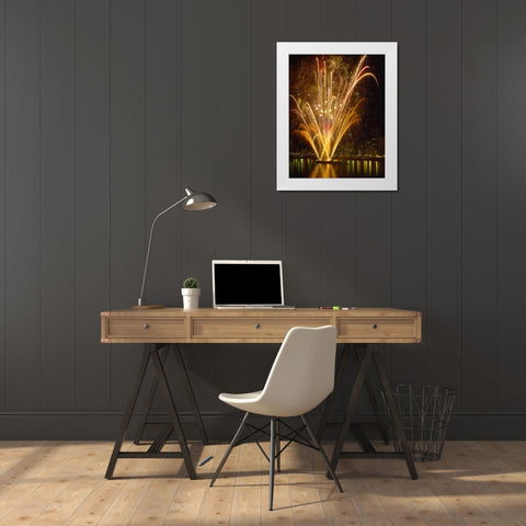 OR, Portland, Independence Day fireworks White Modern Wood Framed Art Print by Terrill, Steve