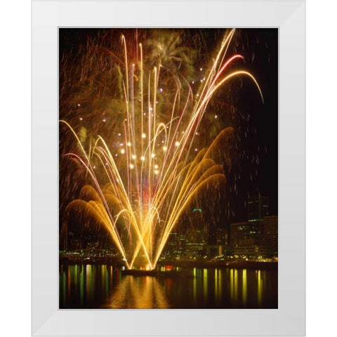 OR, Portland, Independence Day fireworks White Modern Wood Framed Art Print by Terrill, Steve