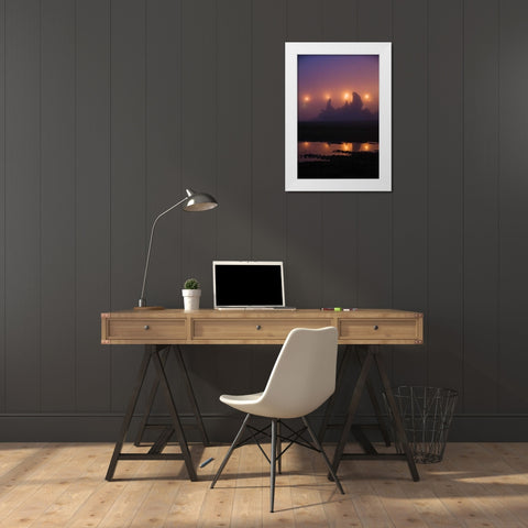 OR, Brandon City lights silhouette sea stacks White Modern Wood Framed Art Print by Rotenberg, Nancy