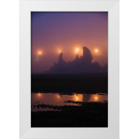 OR, Brandon City lights silhouette sea stacks White Modern Wood Framed Art Print by Rotenberg, Nancy