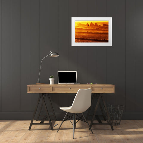 Oregon, Bandon Sunset over waves and sea stacks White Modern Wood Framed Art Print by Welling, Dave