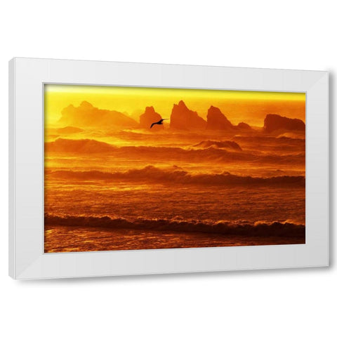 Oregon, Bandon Sunset over waves and sea stacks White Modern Wood Framed Art Print by Welling, Dave