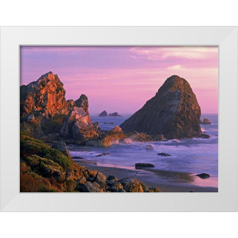 OR, Harris State Beach Sea stacks at sunset White Modern Wood Framed Art Print by Welling, Dave